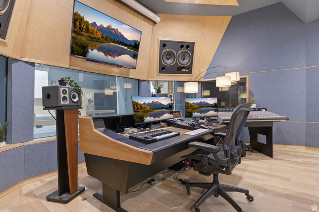 702 Alpine Highway Alpine, UT 84004 - Photo 69 of 83 Professional studio space featuring light wood-finish flooring, acoustic paneling, and an integrated soundboard