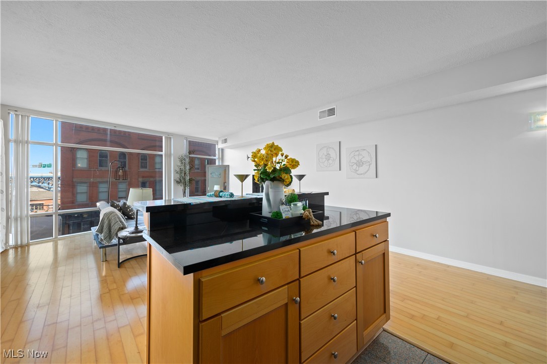 2222 Detroit Avenue, Unit 519 Cleveland, OH 44113 - Photo 9 of 30 Open concept living room and kitchen, featuring a wall of windows, breakfast bar with granite countertops, and hardwood flooring