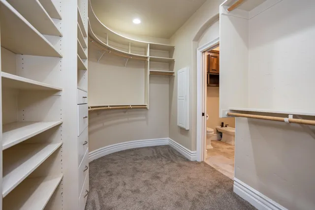 a view of walk in closet with empty racks