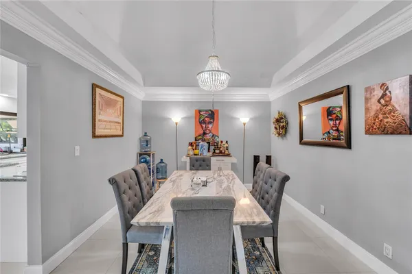 a view of a dining room with furniture wooden floor and a chandelier
