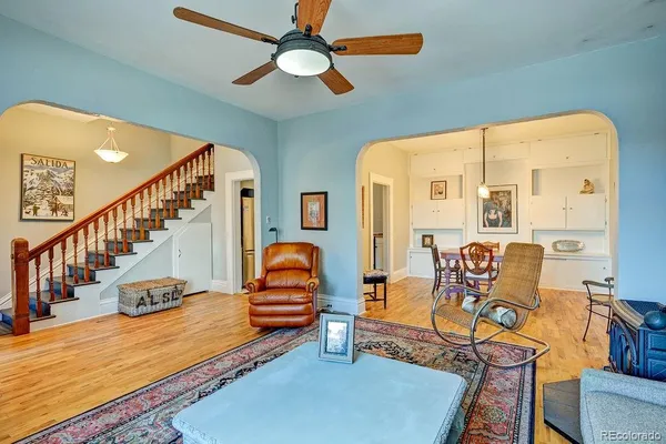 a view of a dining room with furniture