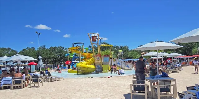 a view of a park with swings