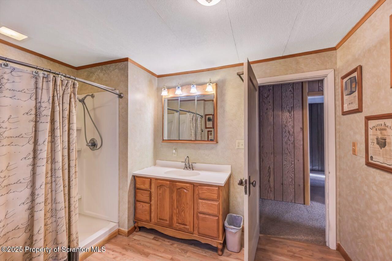 9 Marcy Road Tunkhannock, PA 18657 - Photo 57 of 97 a bathroom with a granite countertop sink a mirror a vanity and shower