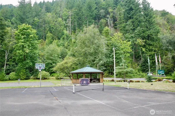 a garden view with a seating space