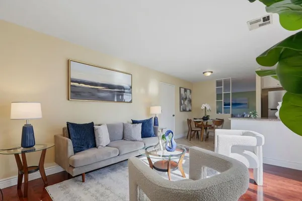a living room with furniture potted plant and a lamp