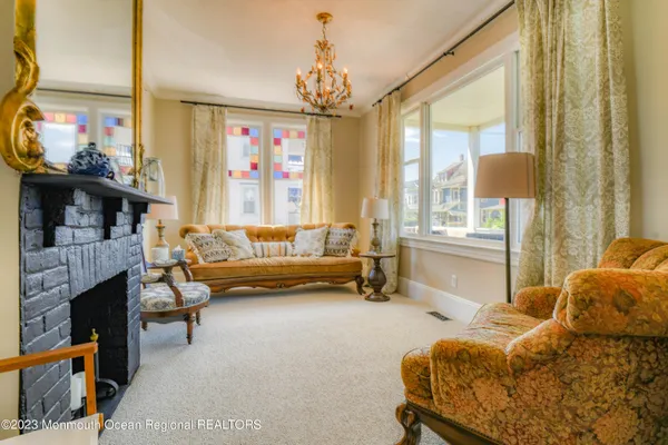 a view of a dining room with furniture