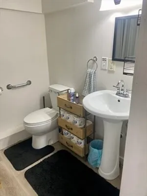 a bathroom with a sink toilet and a mirror