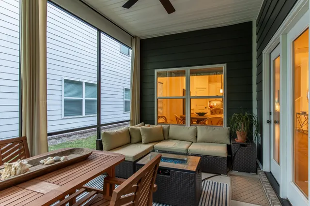 a outdoor living space with furniture and a window
