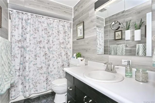 a bathroom with a granite countertop sink and a toilet