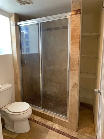 a bathroom with a shower and a toilet