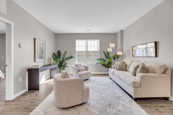 a living room with furniture potted plant and a window