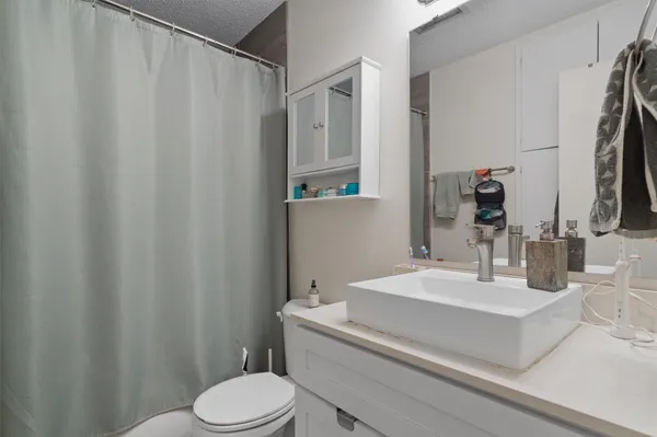 a bathroom with a sink a toilet a mirror and shower curtain