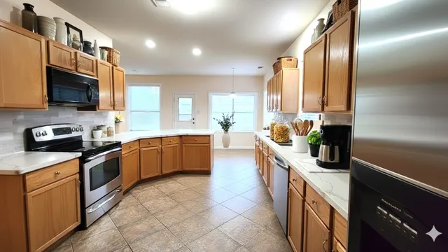 a kitchen with stainless steel appliances granite countertop a stove a sink and a microwave