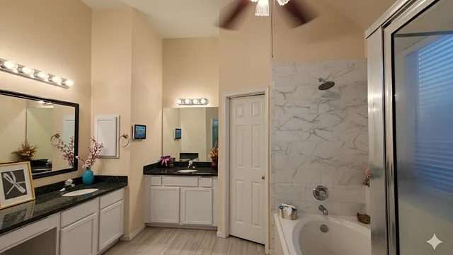 a kitchen with a refrigerator and a sink