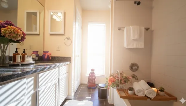 a bathroom with a sink mirror and vanity