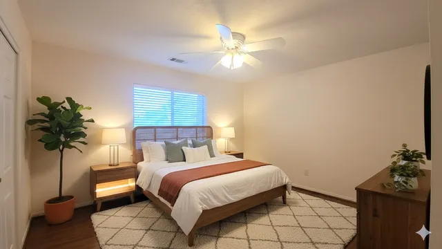 a bedroom with a bed and a potted plant