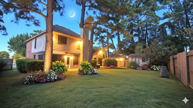 a view of a house with a yard and a garden