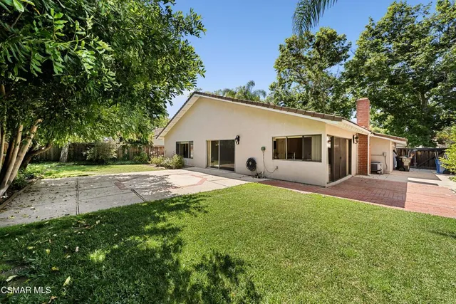 a backyard of a house with plants and large tree