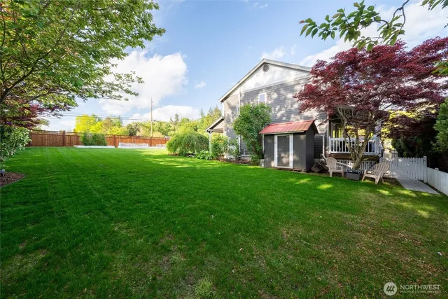 a view of a park with large trees