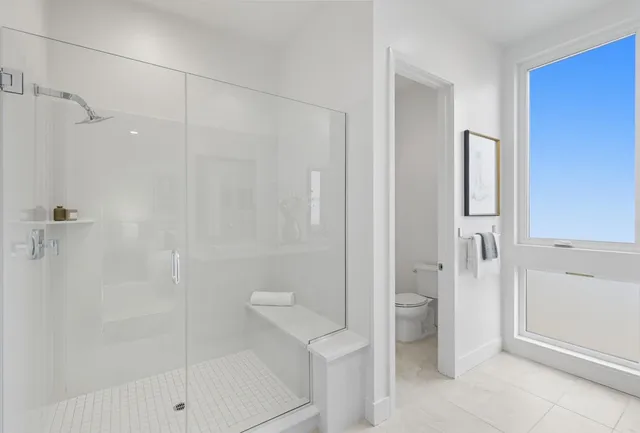 a bathroom with a shower and toilet