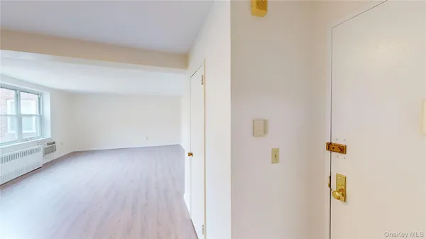 a view of a bathroom with wooden floor
