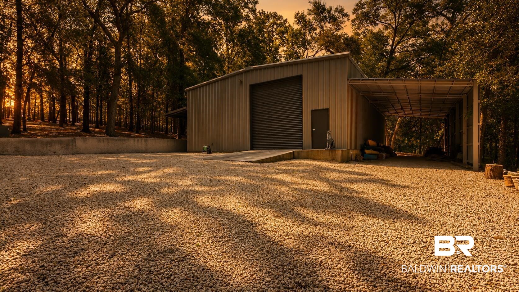 14587 Ridge Road Summerdale, AL 36580 - Photo 38 of 44 Metal-sided structure featuring a large roll-up door, an entry door, and an attached covered carport