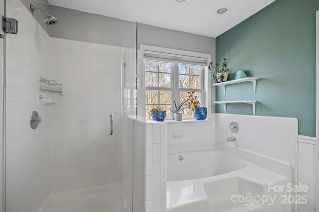 a bathroom with a bathtub and a shower