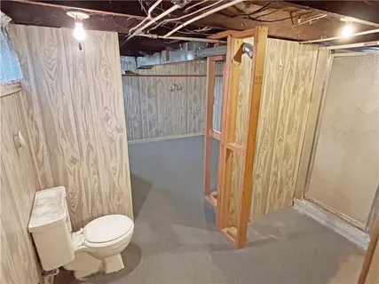 a bathroom with a toilet and shower curtain