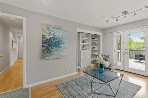a living room with furniture and a potted plant