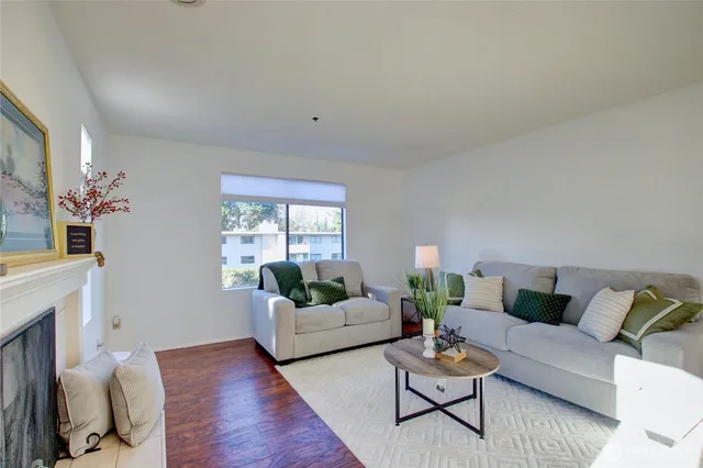 a living room with furniture and a potted plant