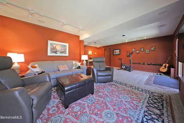 a living room with furniture a rug and a projector