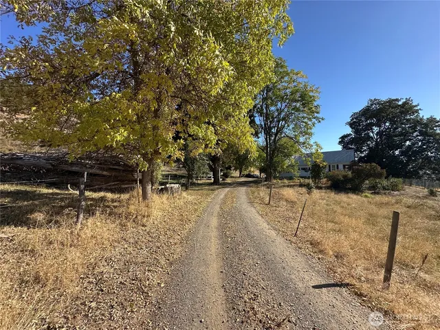 a view of a yard with wooden fence