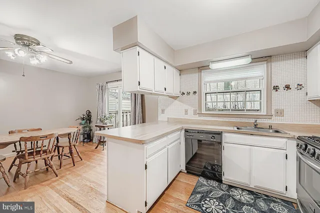 a kitchen with a stove a sink and white cabinets with wooden floor