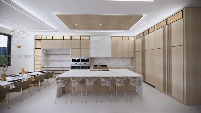 a kitchen with a table chairs and a stove