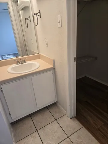 a bathroom with a sink and a mirror