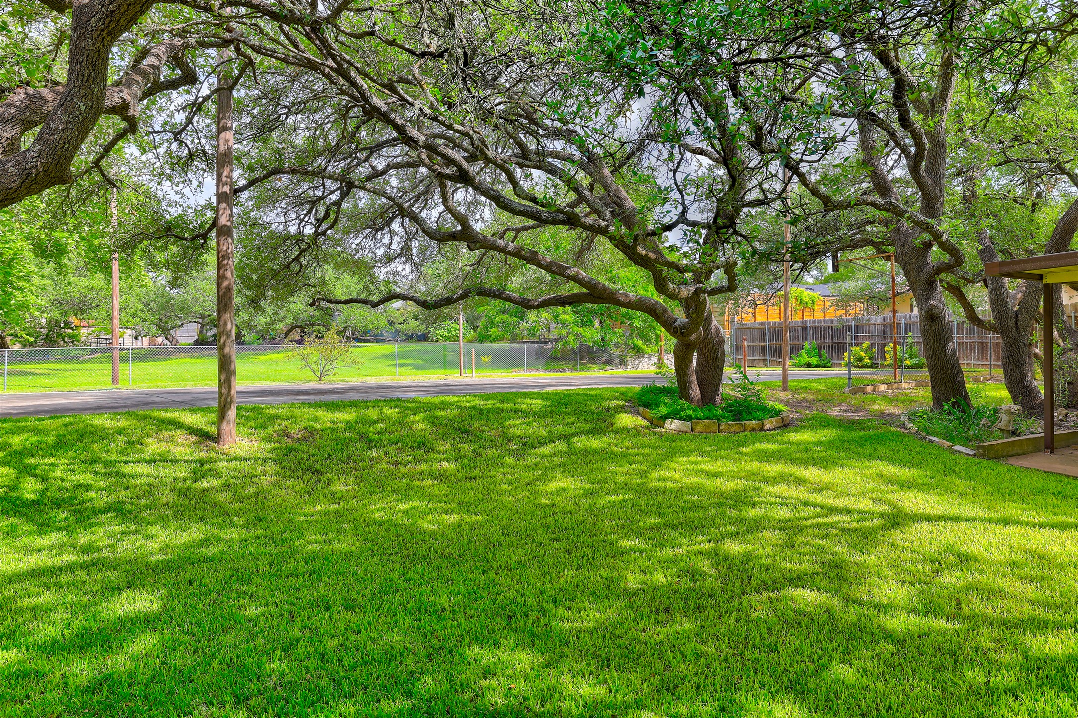 8606 Thunderbird Road, Unit A & B Austin, TX 78736 - Photo 32 of 34 Mature trees shade a verdant lawn, creating a serene outdoor retreat with abundant natural beauty.
