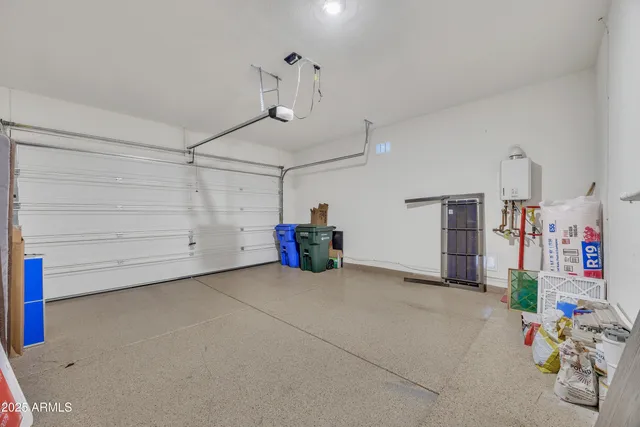 a view of a garage with storage