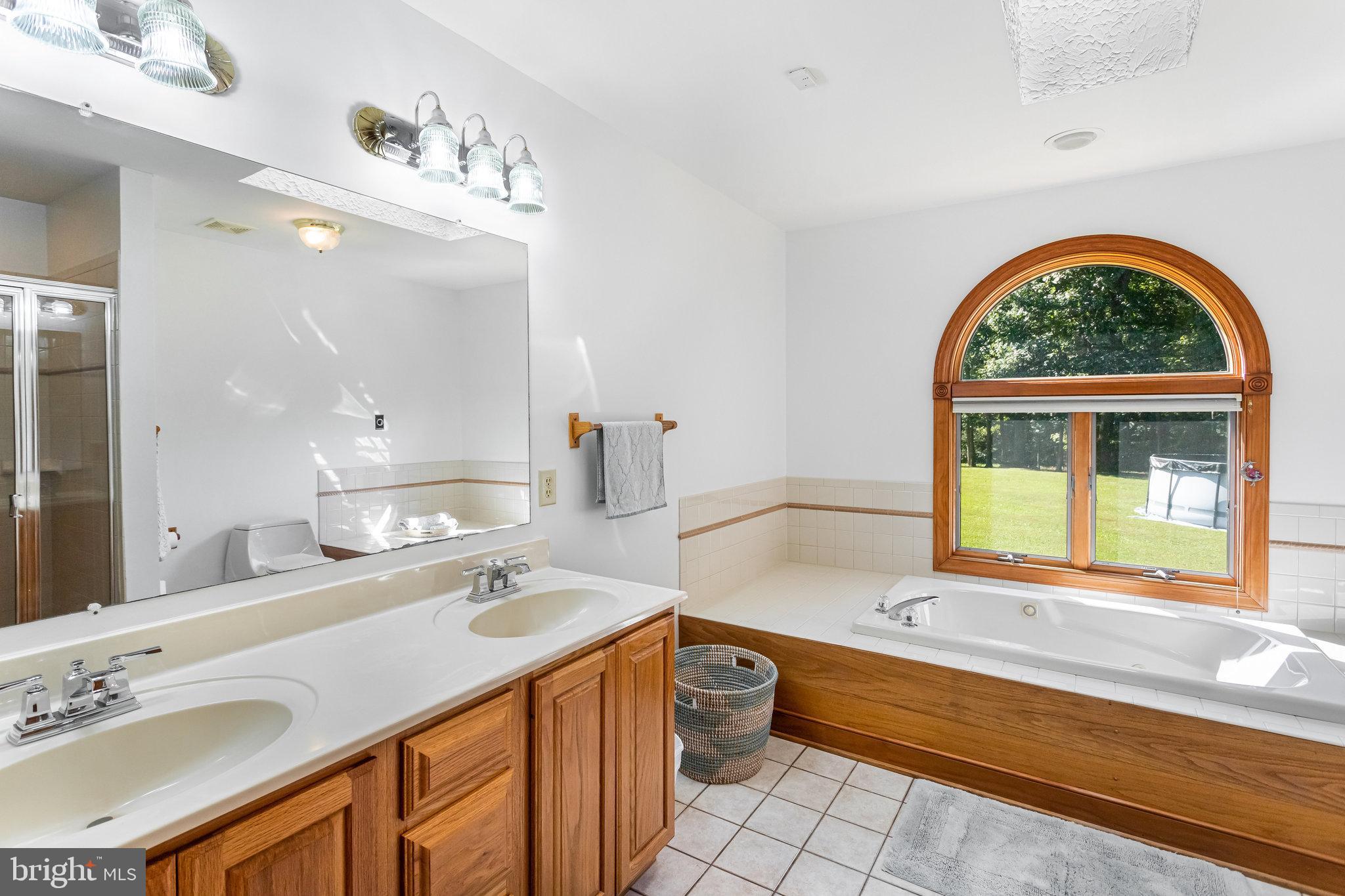 5119 Dickerson Road Partlow, VA 22534 - Photo 12 of 18 a bathroom with a granite countertop sink a large mirror a bathtub and a window