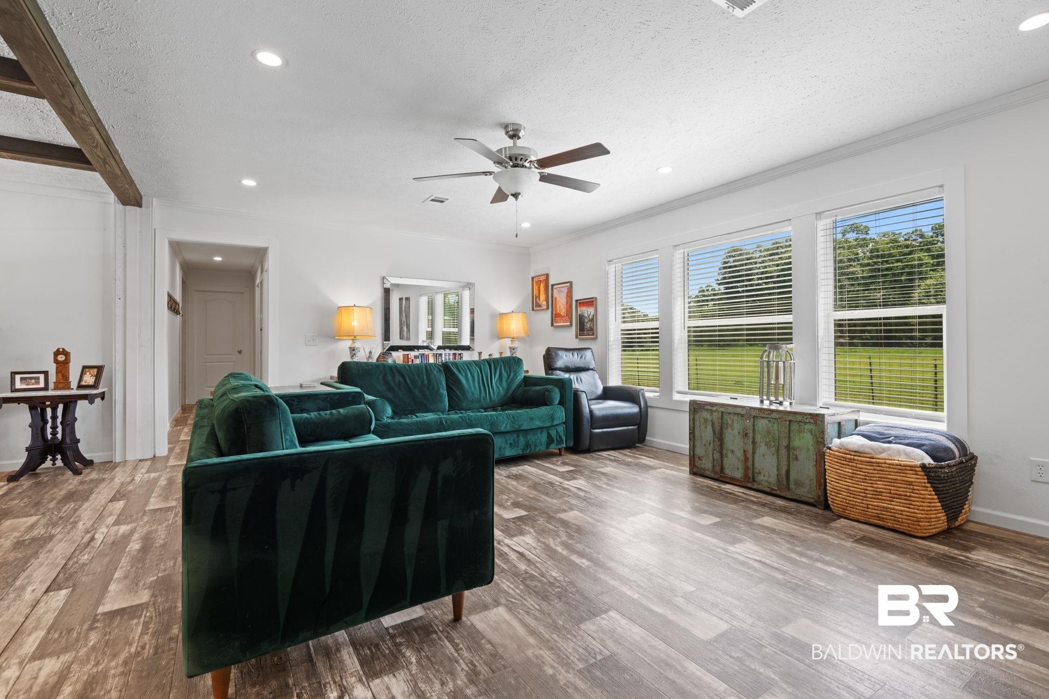 10703 South Ridge Drive Semmes, AL 36575 - Photo 18 of 37 Living room with a ceiling fan, wood finished floors, recessed lighting, a textured ceiling, and ornamental molding
