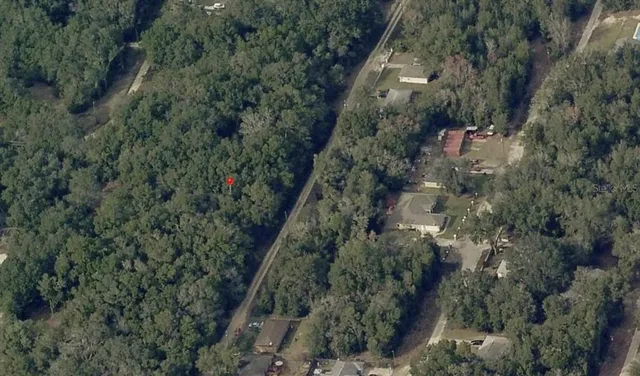 an aerial view of residential house with outdoor space and trees all around