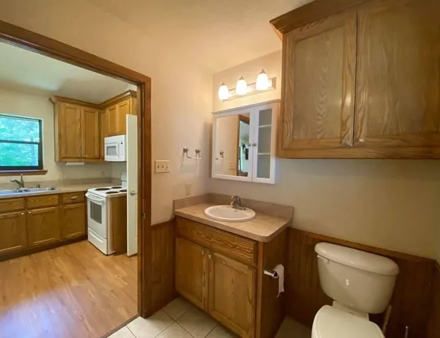 a bathroom with a toilet sink and mirror