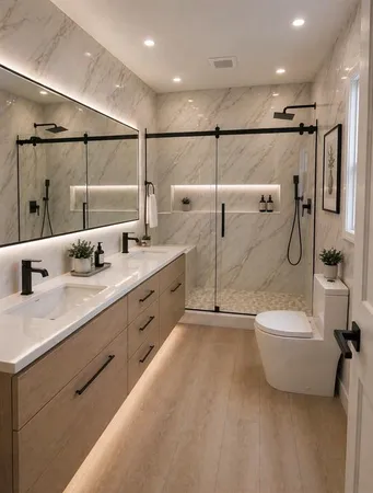 a bathroom with a double vanity sink toilet tub and shower