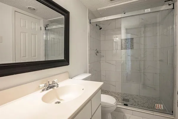a bathroom with a sink toilet and shower