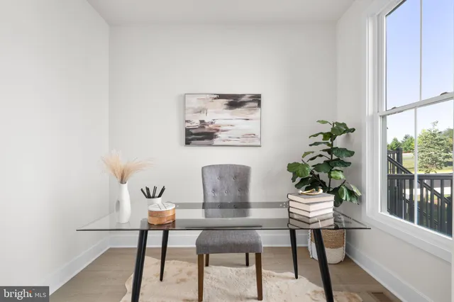 a workspace room with furniture and a potted plant