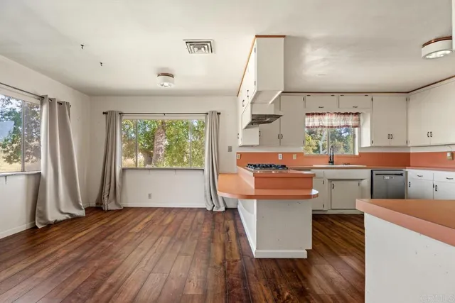 a kitchen with a sink and wooden floor