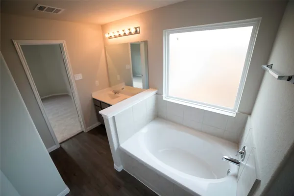 a bathroom with a sink a mirror and a bathtub