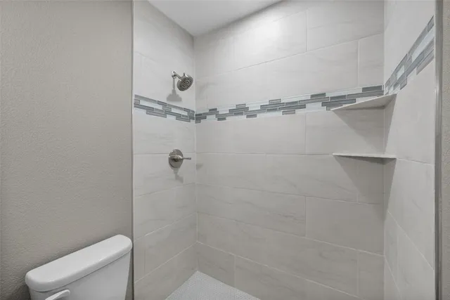 a bathroom with a shower and toilet