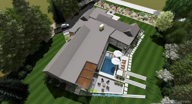 a view of a house with pool table and chairs