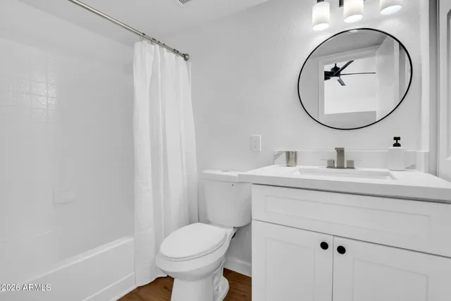 a bathroom with a sink mirror vanity and toilet