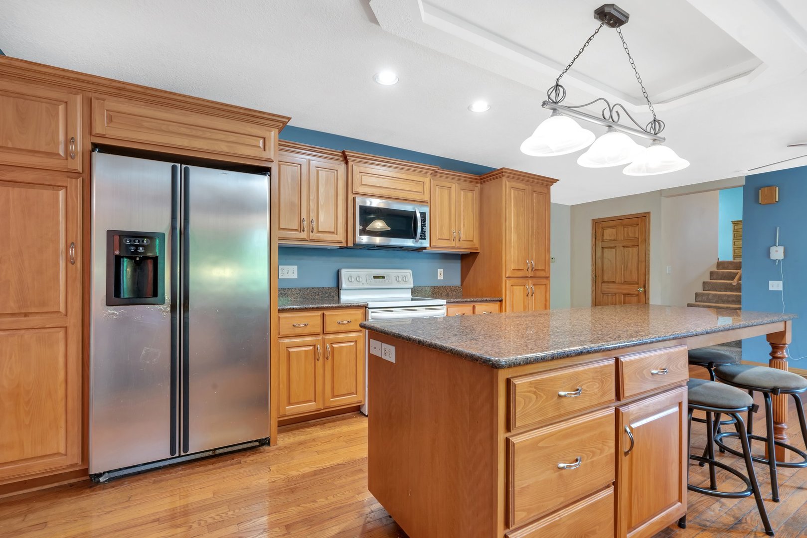 13130 McKanna Road Minooka, IL 60447 - Photo 10 of 56 a kitchen with stainless steel appliances granite countertop a refrigerator a sink dishwasher a stove and a refrigerator with wooden floor